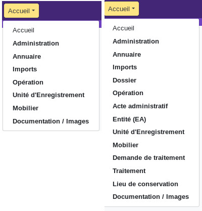 comparison between menus of two Ishtar instances